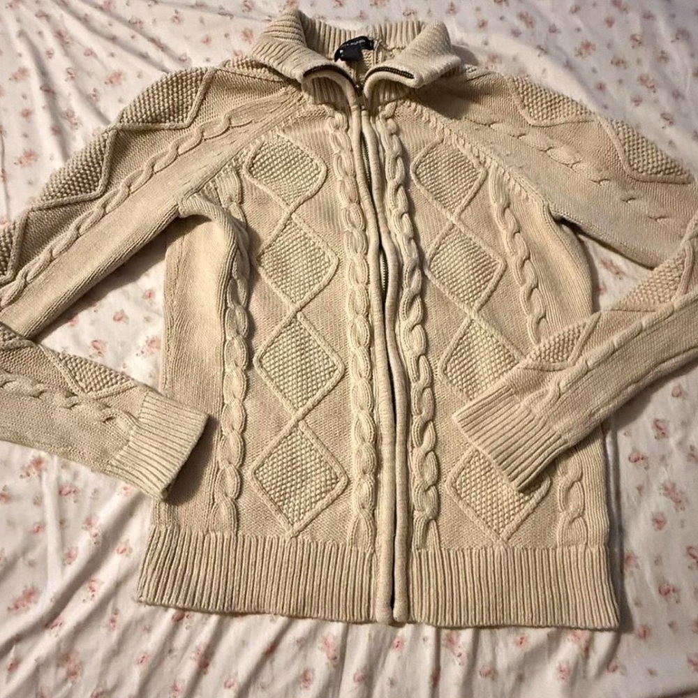Cream Tommy Hilfiger cable knit zip up sweater
